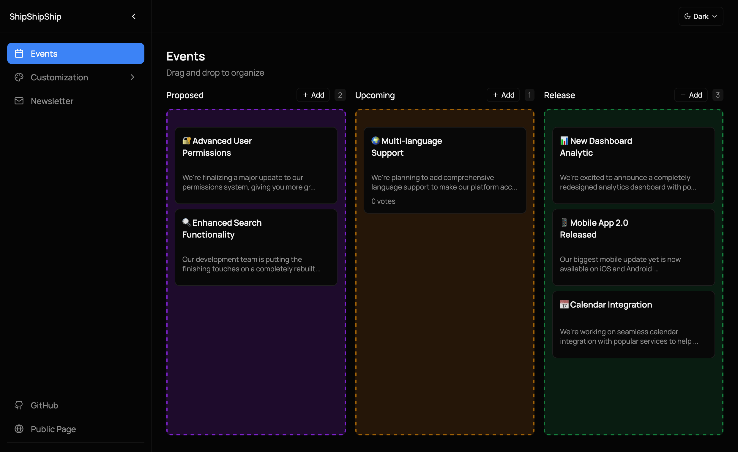 ShipShipShip Dashboard Preview - Dark Theme