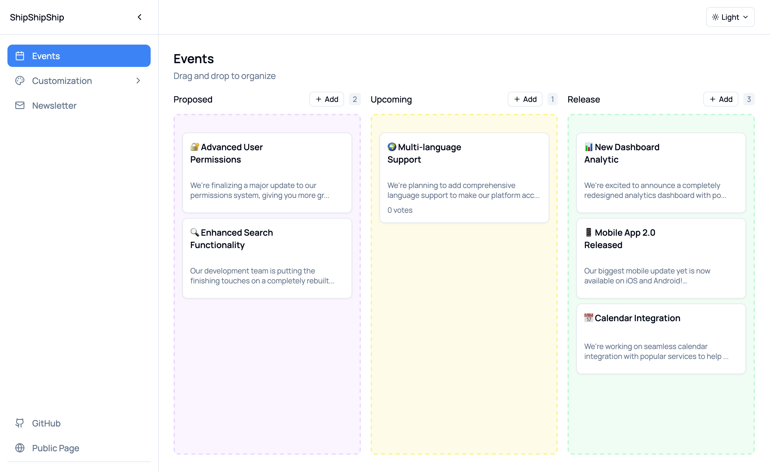 ShipShipShip Dashboard Preview - Light Theme